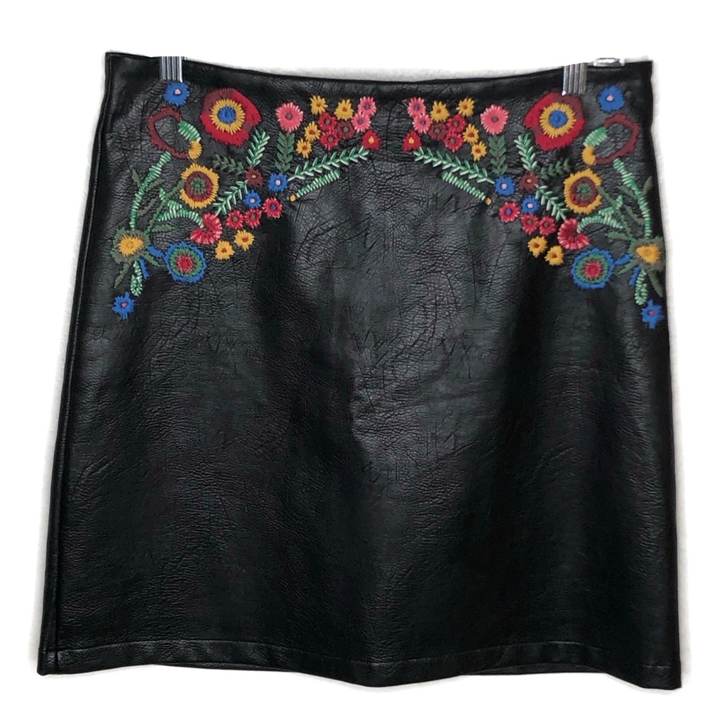 For The Republic Faux Leather Skirt with Colorful Floral Embroidery 8